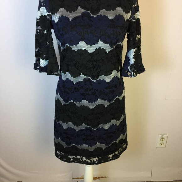 New! Stage of Playlord Dress Sz 1 US 6/S Womans Navy Black Lace 3/4 Bell Sleeve - Picture 13 of 14